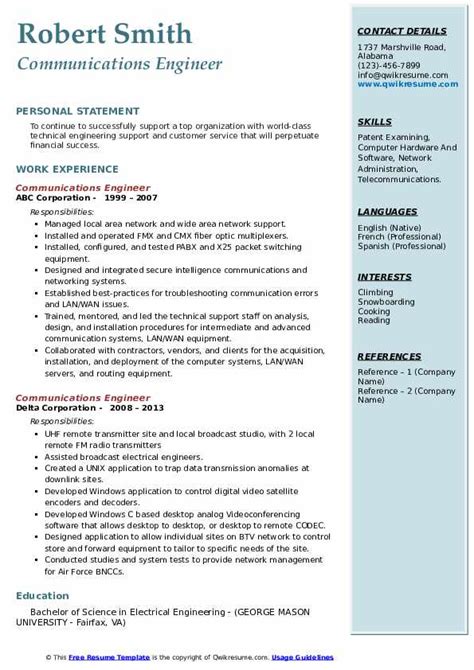 The format is pretty standard for international commerce, government, flight, or military. Communications Engineer Resume Samples | QwikResume