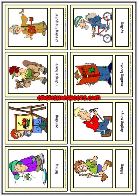 Hobbies Esl Printable Vocabulary Learning Cards For Kids Learning