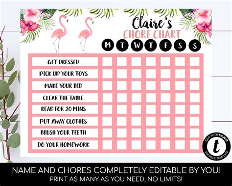 Flamingo Chore Chart Editable Kids Chore Chart Reward Chart | Etsy | Chore chart, Chores for 