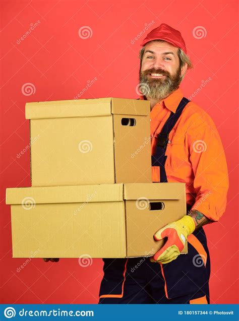 New Home Unpacking Moving Boxes Moving Day Bearded Man Courier Hold