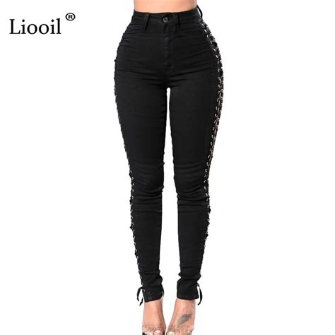 Liooil Cotton Sexy Hollow Out High Waist Jeans Lace Up Rivet Pockets