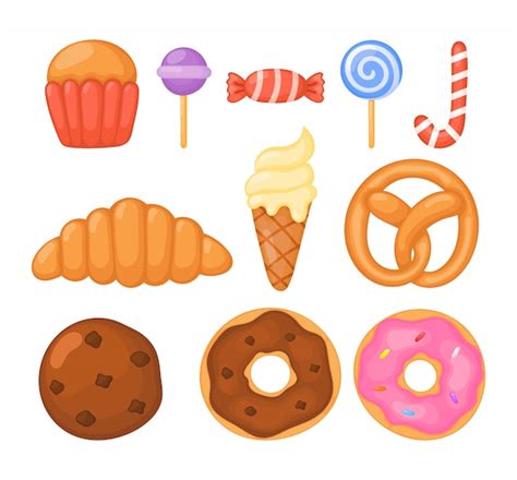 Conjunto De Objetos Y Dulces De Alimentos Dulces De Dibujos Animados