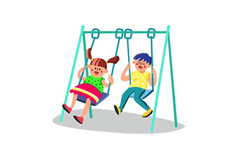 Cute Kids Having Fun On Swing In Playground Vector By Sevector