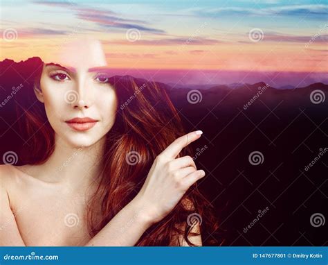 Double Exposure Portrait Of Beautiful Woman And Sunset Stock Image