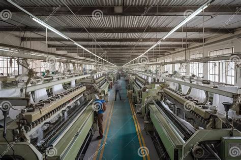 Textile Factory With Rows Of Machines And Workers Producing Fabric
