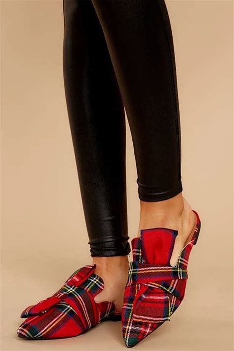 Bow Red Plaid Flat Mules In Plaid Shoes Plaid Shoes Flats Trendy Clothes For Women