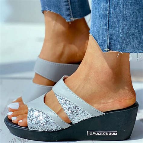 women paillette open toe slip on wedge heel slippers inspireyoos in 2020 heel slippers