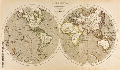 Antyczna mapa świata na dwóch półkulach retro XIX wiek 195367443