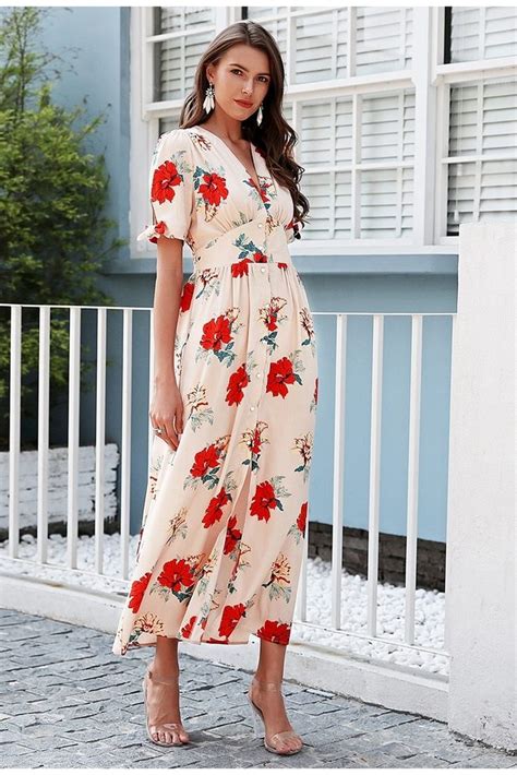 Stunning Floral Print V Neck Knotted Short Sleeve Maxi Dress