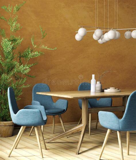 Interior Design Of Modern Dining Room Wooden Table And Blue Chairs 3d