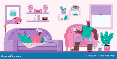 Cartoon Man And Woman Relaxing In Living Room Reading A Book And Using