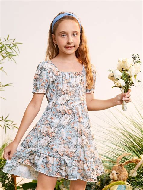 Shein Girls Floral Print Puff Sleeve Ruffle Hem Dress In 2022 Dresses