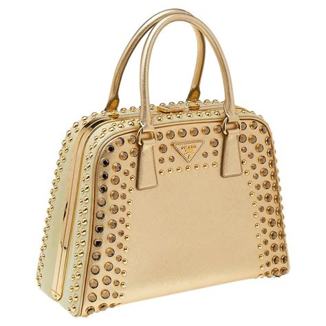 Prada Gold Saffiano Lux Leather Studded Pyramid Frame Satchel For Sale
