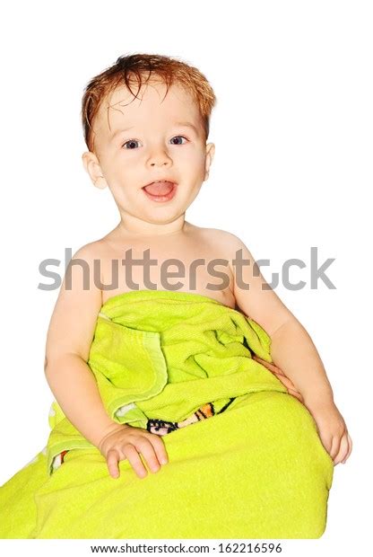 Cheerful Child After Bathing Wrapped Green Stock Photo 162216596