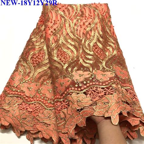 New African Lace Peach High Quality Guipure Cord Lace Fabric With Rhinestones French Tulle Lace