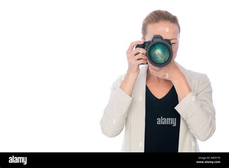 Woman Photographer Takes Images With Dslr Camera Stock Photo Alamy