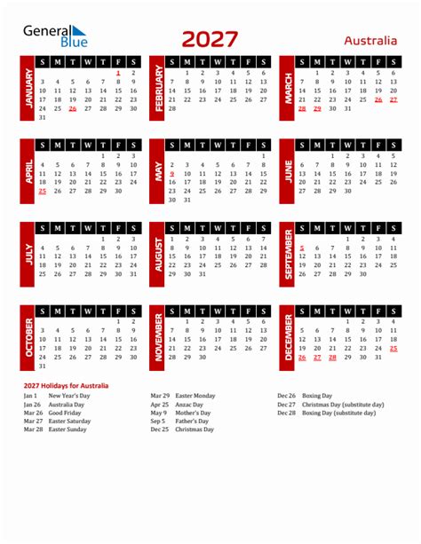 2027 Australia Calendar With Holidays