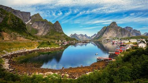 Mountains Road Grass Norway Town Dock Clouds