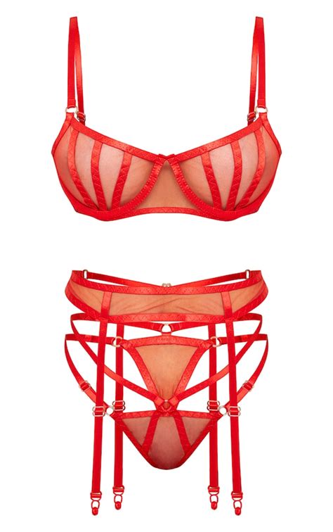 Red Underwired Binding Mesh 3 Piece Lingerie Set Prettylittlething