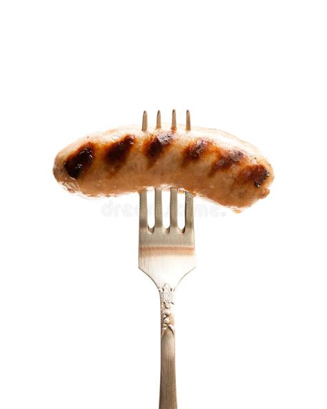 Grilled Sausage On Vintage Fork Isolated On White Stock Image Image