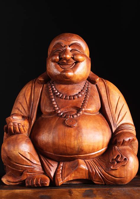 SOLD Wood Seated Fat Happy Buddha Of Wealth Bw Hindu Gods Buddha Statues