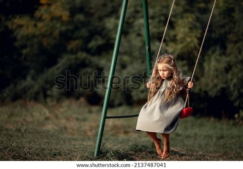 Little Cute Sad Girl Swings Barefoot Stock Photo 2137487041 Shutterstock
