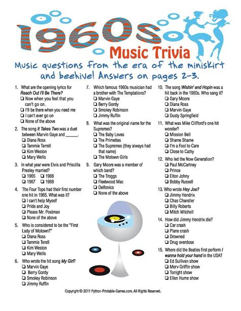 Bonus, they help keep your brain sharp! Printable+1960s+Trivia+Game | Birthday party games, Music ...