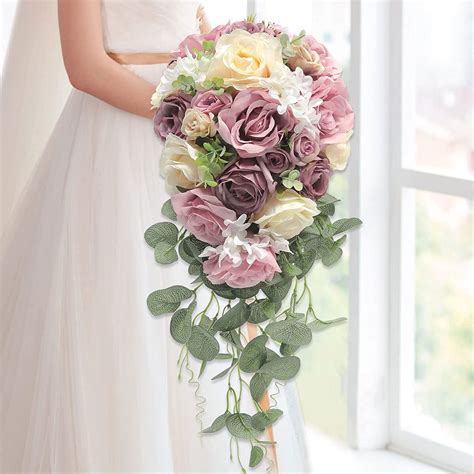 Hiiarug Dusty Rose Bouquet Artificial Flower Wedding Bouquets Toss Bouquet For Bride