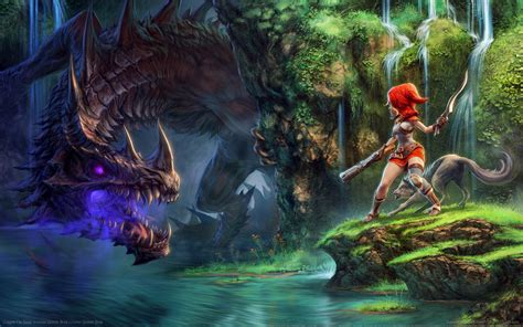 Red Haired Woman Fighting Dragon Hd Wallpaper Wallpaper Flare