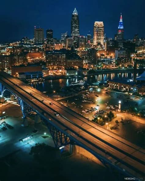 Cleveland At Night Aerial View Cleveland Skyline Skyline