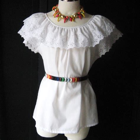 Vintage Mexican Peasant Blouse White Eyelet Shoulder Ruffle