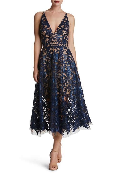 Navy Lace And Sheer Cocktail Dress Midi Tea Length Wedding Guest Dresses Blair Embellished