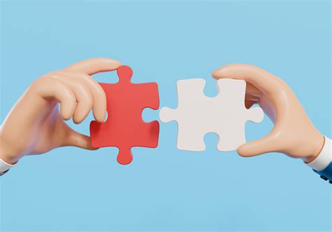 Two Hands Holding Puzzle Pieces And Connecting Them On Blue Background