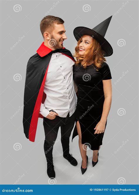 Couple In Halloween Costumes Of Witch And Vampire Stock Image Image