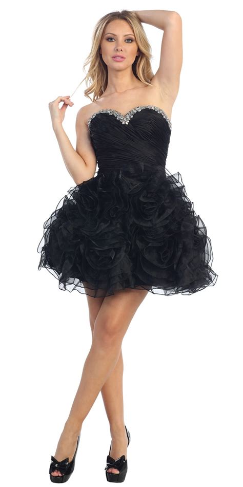 black sparkly strapless dress black sparkle strapless sweetheart rosetti details short