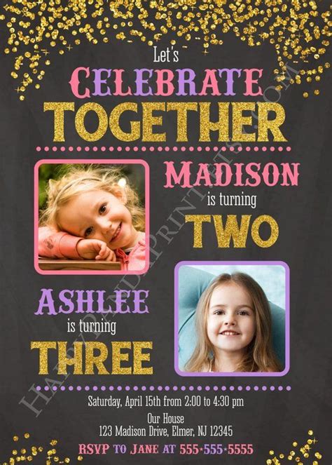 Girls Joint Birthday Invitation With Photo Siblings Or Twins Etsy
