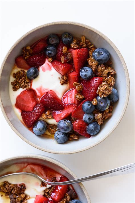 Roasted Strawberry Yogurt Bowls With Chocolate Coconut Granola Fork