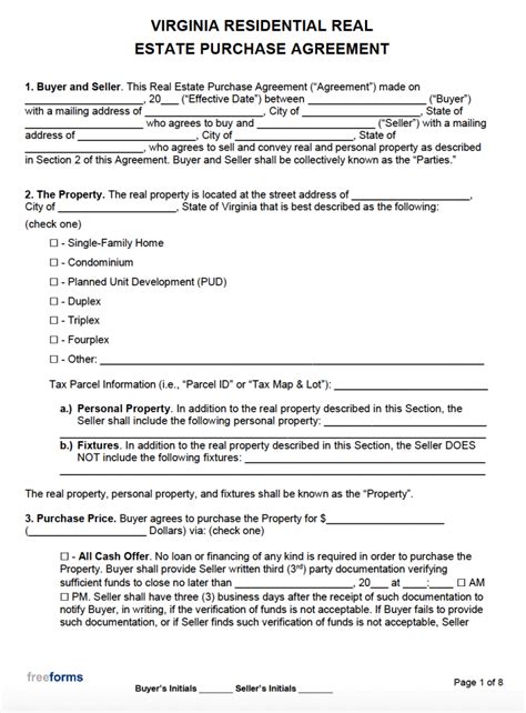 Free Virginia Real Estate Purchase Agreement Template Pdf Word