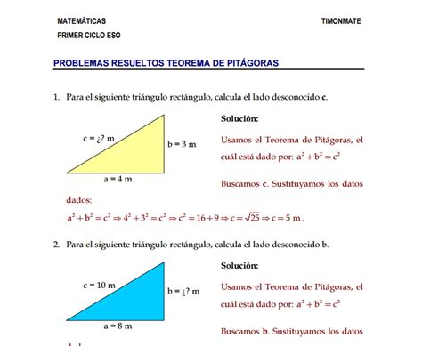 Ejercicios Teorema De Pitagoras 1 Eso Embarq Andino