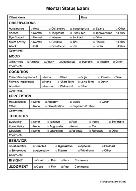 Mental Status Exam Worksheet Therapist Aid