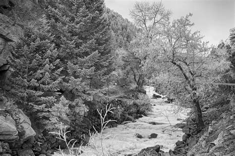 Boulder Creek Winter Wonderland Black And White Photograph