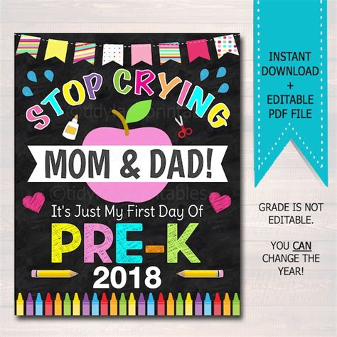 Stop Crying Mom And Dad Back To School Photo Prop Pre K Girl School
