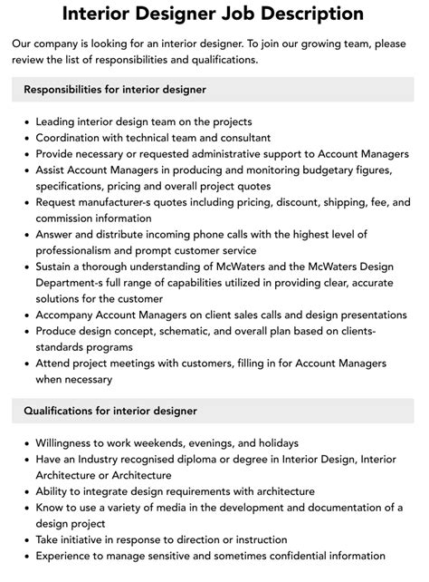 Interior Designer Job Description Velvet Jobs