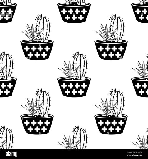 Vector Black And White Seamless Pattern With Cactuses And Succulents In