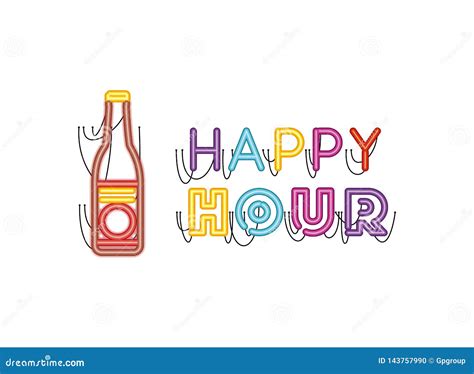 Happy Hour Label In Neon Light Icon Stock Vector Illustration Of