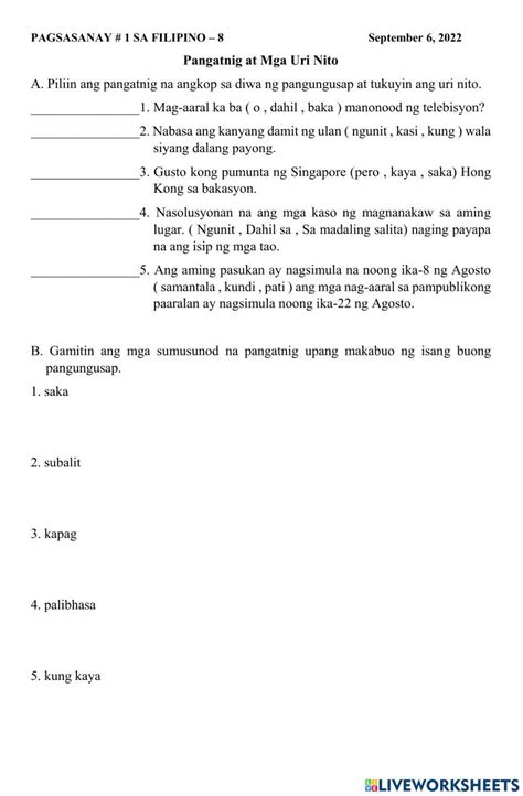 Pagsasanay 1 Sa Filipino 8 Pangatnig At Mga Uri Nito Worksheet