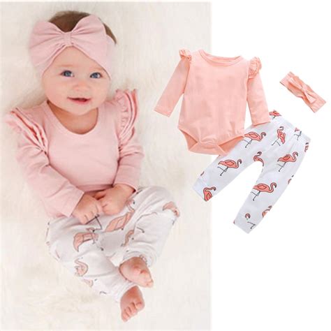 Baby Girl Fall Clothes Newborn Pink Puff Sleeve Bodysuit Flamingooutfit
