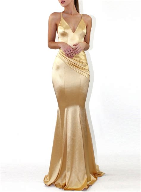 Gold Fashion Sexy Solid Spaghetti Strap V Neck Backless Evening Party
