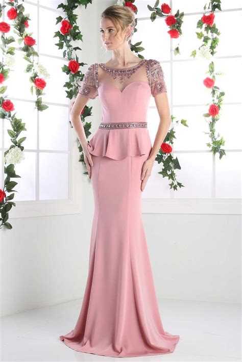 Peplum Design Rhinestone Studded Long Evening Gown In Rose Color