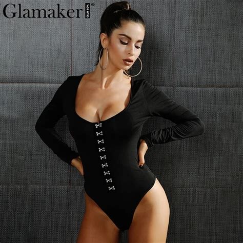 Aliexpress Com Buy Glamaker Sexy Long Sleeve Low Cut Bodysuit Women